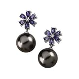 14K White Gold Tahitian Cultured Black Pearl, Tanzanite and Diamond Earrings