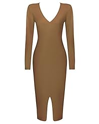 V-neck Nylon/Rayon/Spandex Stretchy Fitted Plunging Neck Long Sleeves Cocktail Bandage Dress/Bodycon Dress/Club Dress/Evening Dress/Party Dress/Midi Dress 