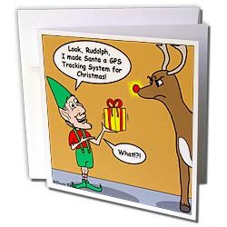 Rich Diesslins Funny Christmas Cartoons - Elf and Rudolph GPS Present - Greeting Cards-12 Greeting Cards with envelopes