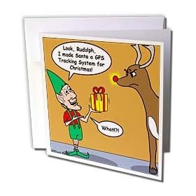 Rich Diesslins Funny Christmas Cartoons - Elf and Rudolph GPS Present - Greeting Cards-12 Greeting Cards with envelopes