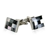 Hematite, Onyx, and Mother of Pearl Cufflinks in Silver Setting with Presentation Box