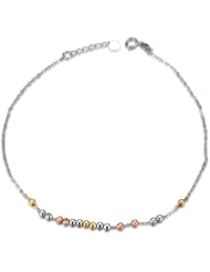14K Italian Tri-Color Yellow, Rose and White Gold Diamond-Cut Running Beads Anklet (8), Women Jewelry in Gift Box
