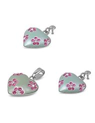 Sterling Silver Fashion Love Design Heart Pendant and Earrings Jewelry Set with Pink CZ Flowers