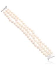 Sterling Silver 3-Row White A Grade 7.5-8mm Freshwater Cultured Pearl Bracelet, 7.25"