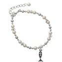 Silver Christian Fish with Silver Cross Czech Pearl Beaded Charm Bracelet