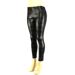 Shiny Plaid Full Leggings Stretchy Footless Black Gray