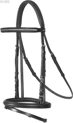 United Sportproducts Germany USG  2237 Trensenzaum "Elektra", Warmblut,  engl. Reithalfter, schwarzes Leder /  schwarz unterlegt, Stirnband mit si ...