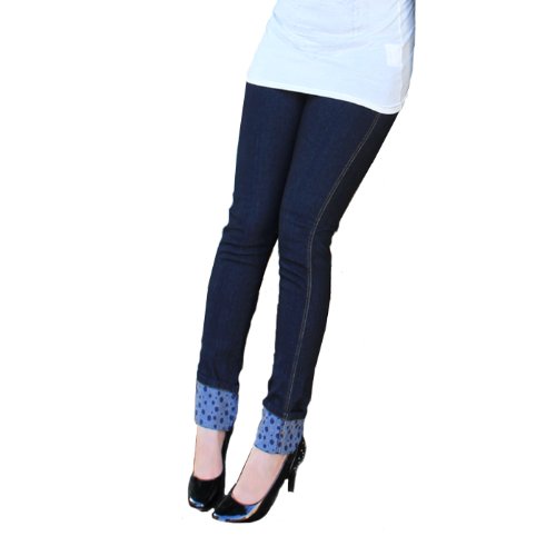 超美脚 デニムレギンスパンツ ロールアップ[裾ドット柄]