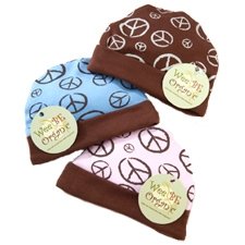 Babe Ease Wee BE Organic Baby Cap with Peace Signs, Pink, 3-6 Months