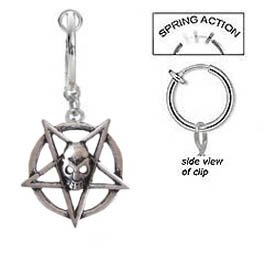 Fake Belly Navel Non Clip on Goth Pentacle Pentagram Skull Dangle Ring