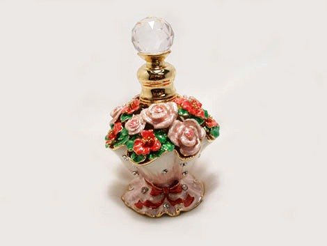 Pink Perfume Bottle Set with Swarovski Crystals Features French Roses & Posies Flowered Round Antique Vintage Art Deco Pink Green Red Gold Floral Flowers Vintage Style Limited Edition Certificate of Authenticity