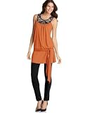 XOXO - XOXO Drop-Waist Tunic with Metallic Neckline & Skinny Ankle-Length Ponte Pants