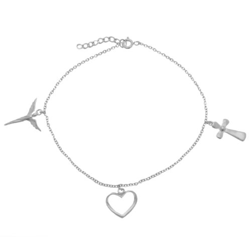 Sterling Silver Religious Themed Link Anklet with Angel, Heart, and Cross Charms