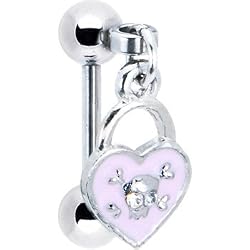 Pink Heart Skull and Crossbones Dangle Eyebrow Ring