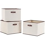 StorageManiac Pack of 3 Foldable Polyester Canvas Storage Bin with Handles, Convenient Storage Basket, Fabric Closet Drawer with Coffee Trim
