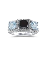 1.83 Ct Black & White Diamond, 1.30 Ct Aquamarine Ring in 14K White Gold