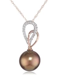 14k White and Rose Gold 9.5-10.0mm Chocolate Tahitian Cultured Pearl Pendant Necklace, (0.16 cttw, G-H Color, I1-I2 Clarity), 17"