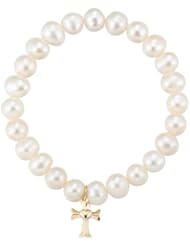 10k Yellow Gold Genuine Fresh Water Pearl Cross Charm Bracelet, 7"