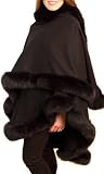 Peri Cashmere Cape with Fox Fur Trim Black