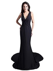 V-neck Lace Beaded Natural   Waistline Floor Length Chiffon Mermaid Prom Dress  with a Brush/Sweep Train 