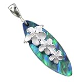 P572--Abalone Paua Surfboard with 3 Plumeria Pendant--Hawaiian Silver Jewelry