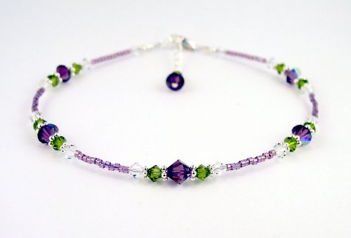 Amethyst - February Birthstone Sterling Silver Ankle Bracelets:Swarovski Crystal Adjustable Beaded Anklets. Handmade Jewelry