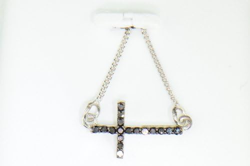 .925 Sterling Silver Black Diamond Sideway Cross Charm Pendant Necklace 1/10 Cttw
