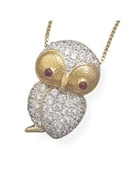 Genuine Elegante (TM) Rhodium Plated Sterling Silver and 14 Karat Gold Plated Owl Slide Pendant Accented with Clear CZs and Red CZ Eyes (Pendant Only).