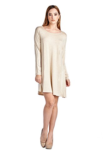 82 Days Women'S Rayon Span Basic Round Neck Long Sleeves Dress - Solid