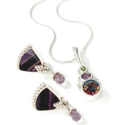 Sterling Silver Multi-Gem Pendant & Earrings Set