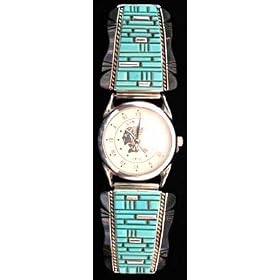 Mens Sterling Silver and Turquoise Inlaid Watch, #6 by Taos Trading Watches