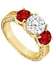 Three Stone Ruby and Diamond Ring 14K Yellow Gold - 1.50 CT TGW