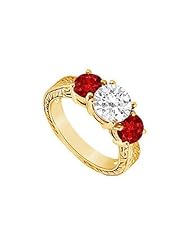 Three Stone Ruby and Diamond Ring 14K Yellow Gold - 1.50 CT TGW