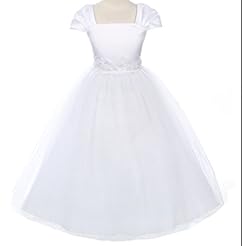Girls Satin/Silk/Silk/Shantung/Tulle Cap Sleeves Sleeveless Ankle Length   Pageant Dress/Prom Dress/Wedding Dress  With a Bow(s) and a Sash  and Pearls