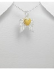 Small 925 St Sterling Silver Angel Wings With 18k Yellow Gold Plated Sterling Silver Heart Chrisitan Religious Jewelry Pendant Necklace NW 1/2 x 1/2 inches With A Beautiful Heavily Plated Sterling Silver Chain
