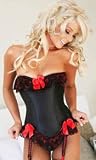 Sexy Black Satiny Corset with Red Lace & Ribbons Small