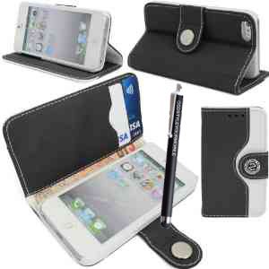 APPLE IPHONE 5 VARIOUS DESIGN CARD POCKET HOLDER PU LEATHER BOOK FLIP CASE COVER POUCH + FREE STYLUS (Black & White Book Flip)