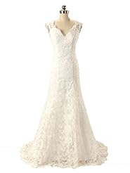 Sexy V-neck Lace Open-Back Applique Mermaid   Ball Gown Wedding Dress 