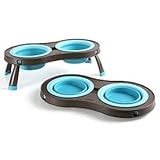 Portable/Collapsible Dual Food and Water Travel Dish Set for Pets - Large, Brown/Blue