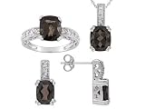 STERLING SILVER 10.85CTW SMOKY QUARTZ WITH WHITE TOPAZ ACCENT RING, EARRINGS, PENDANT & CHAIN SET