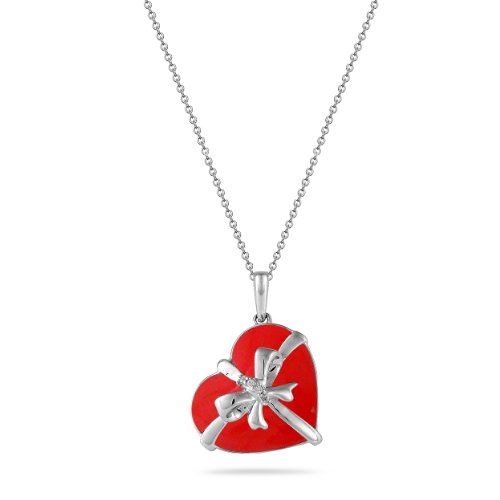 Sterling Silver Heart  Diamonds Pendant Necklace 