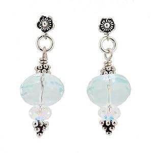 Aqua Blue Faceted Crystal Dangle Earrings with Swarovski Crystal Accent Bead on a Sterling Silver Flower Post, #7495