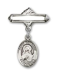 Sterling Silver Baby Badge with St. Dorothy Charm and Polished Badge Pin. Catholic Saint Dorothy, Patron Saint of Brides, Florists, Gardeners