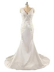 Sexy V-neck Satin Crystal Applique Lace Crystals Mermaid Wedding Dress 