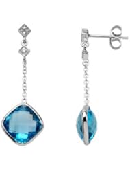 Pair .05 CT TW 14K White Gold Genuine Checkerboard Swiss Blue Topaz And Diamond Earring