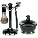 Black Acrylic & Chrome 4 Piece Shave Set with Natural Bristle Brush, Gillette Mach III Razor, Bowl, Stand and Shave Soap