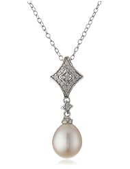 Sterling Silver Freshwater Cultured Pearl and Diamond Pendant Necklace, (0.1 cttw, G-H Color, I3 Clarity), 18"