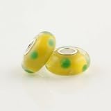 Yellow with Green Dots Murano Style Glass Bead Solid 925 Sterling Silver Core for Pandora, Biagi, Chamilia, Troll and More Bracelets