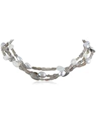 3 Row Rectangular Labradorite with Grey Freshwater Cultured Pearls, Aquamarine Nuggets and Labradorite Nuggets Necklace, 18"