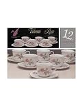 LYNNS Victorian Rose 12-Piece Porcelain Cup & Saucer Set Service For 6, 2-Ounce Cups